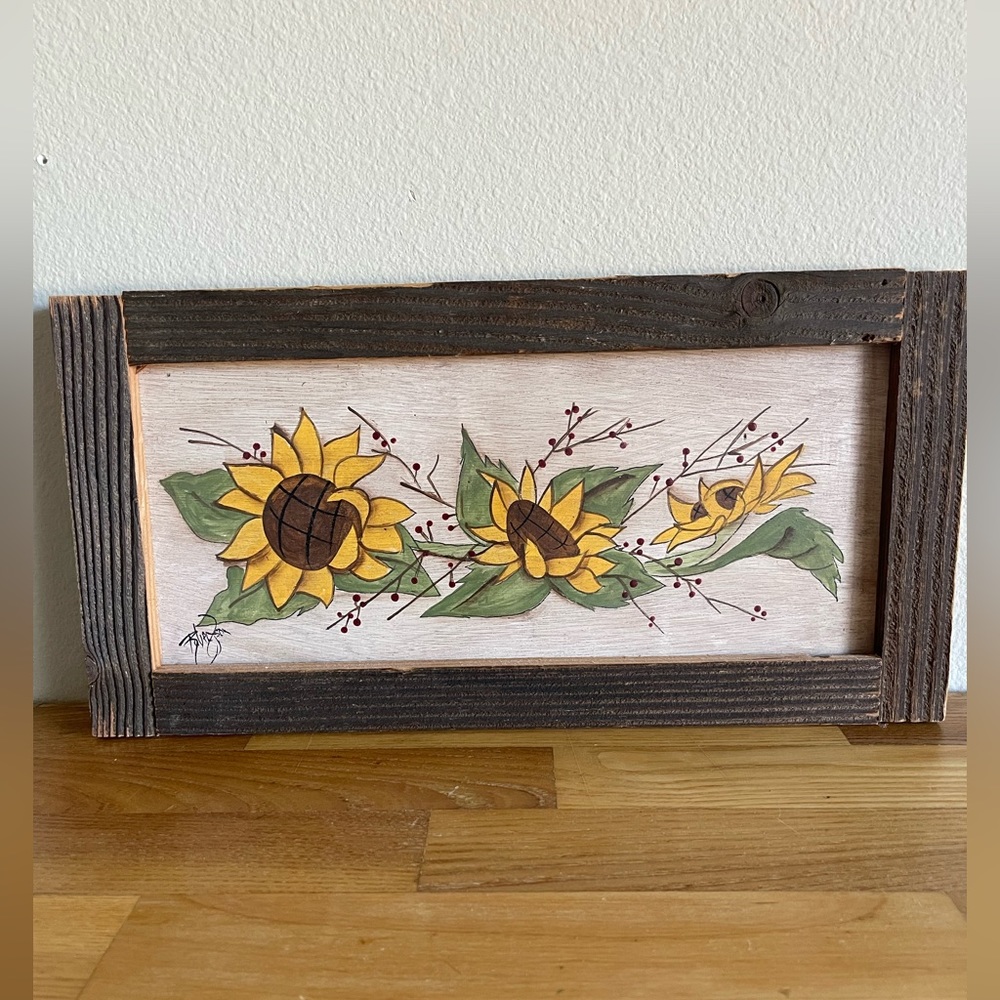 Hand painted wooden flower sign. Signed.